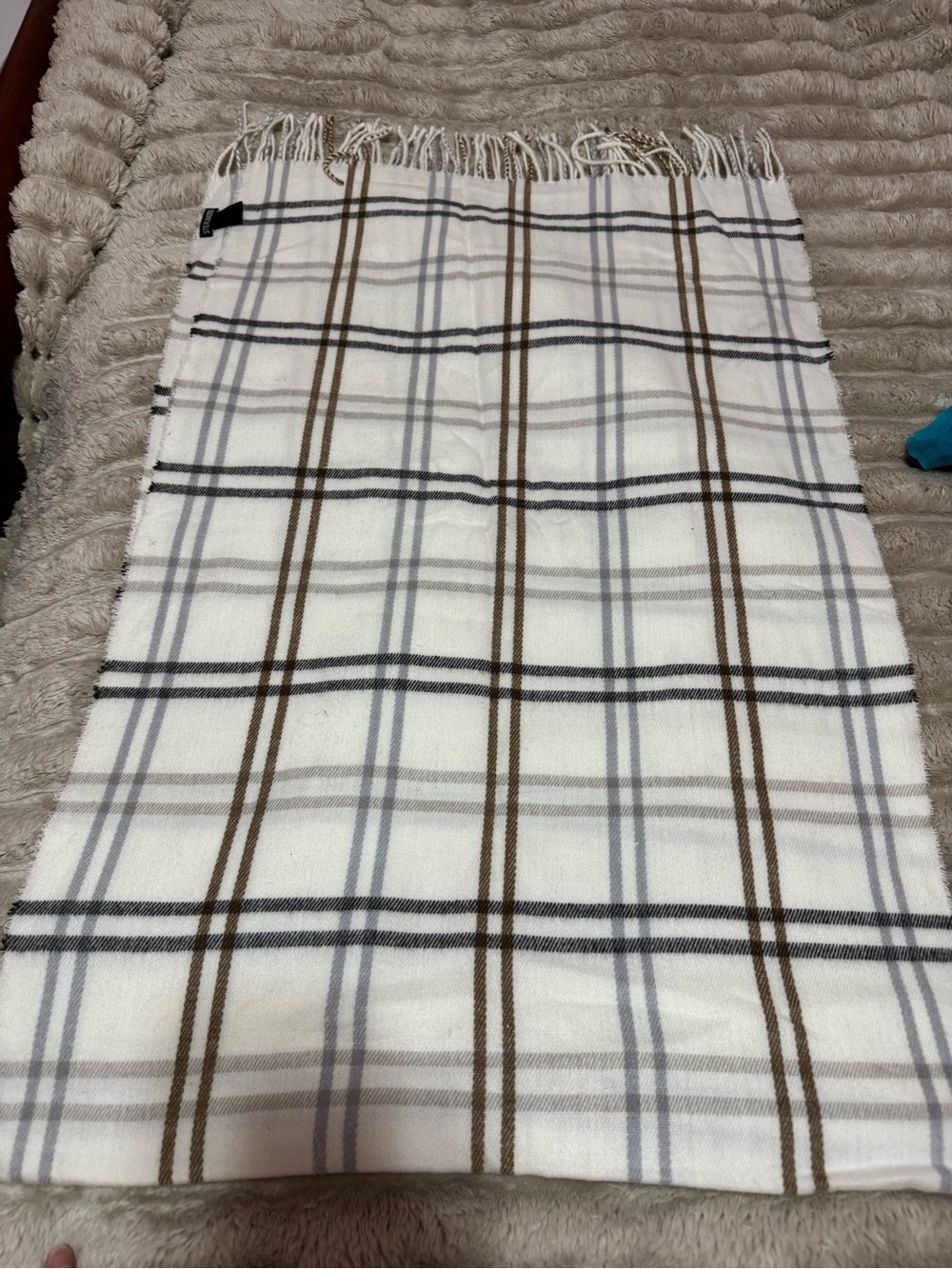 Steve Madden Cream Plaid Fringe Scarf with Brown & Gray Stripes